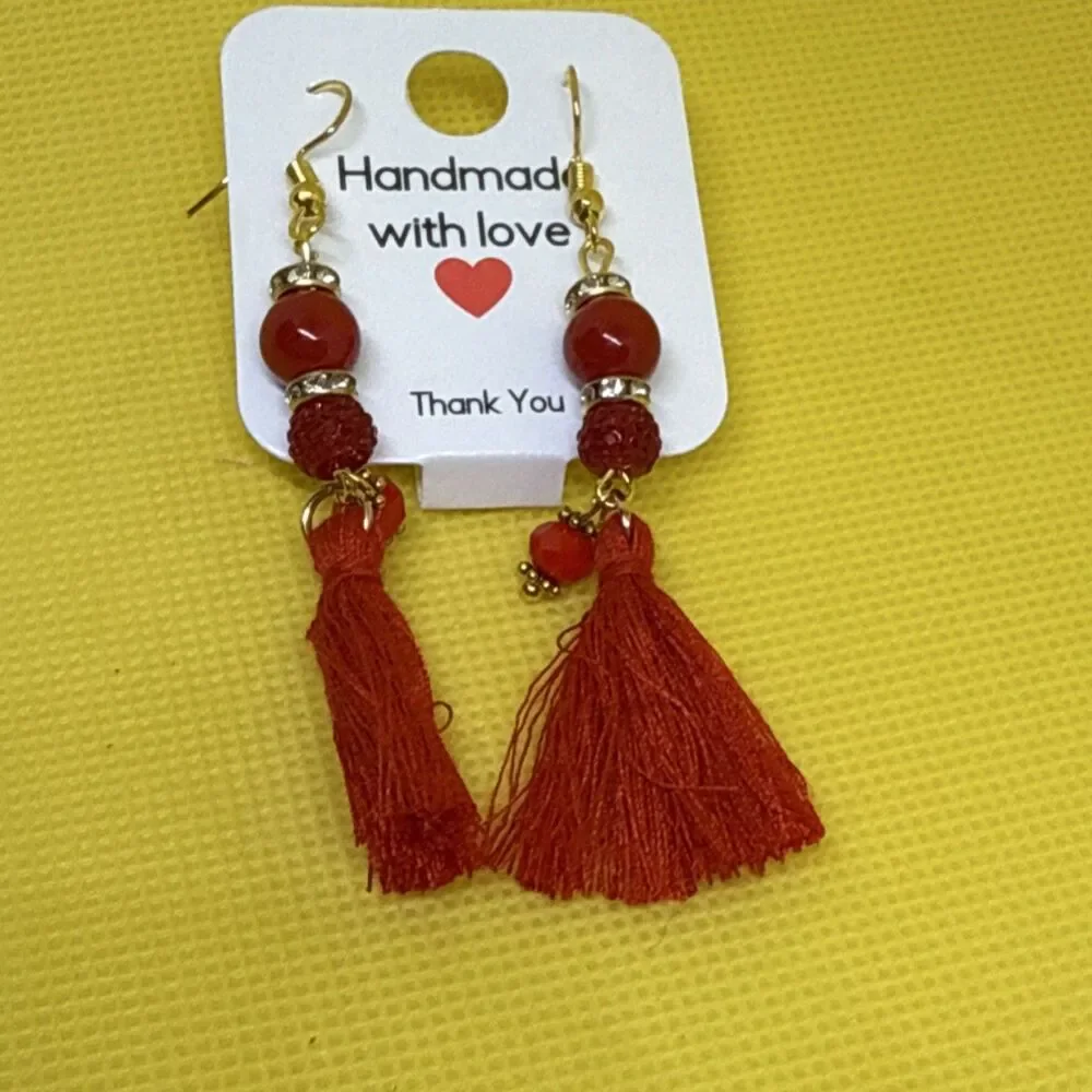 Handcrafted Bohemian Red Tassel Beaded Glass Earrings Gold Hook Closure
